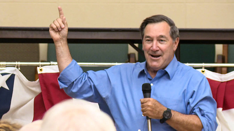 Former U.S. Sen. Joe Donnelly (D-Ind.) delivers a speech at a UAW hall in South Bend, promoting President Joe Biden's American Jobs Plan.  - Justin Hicks/IPB News