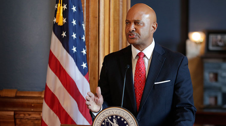 Indiana Attorney General Curtis Hill speaks during a news conference at the Statehouse in Indianapolis, Monday, July 9, 2018. Hill is rejecting calls to resign, saying his name "has been dragged through the gutter" amid allegations that he inappropriately touched a lawmaker and several other women. The Republican said during the news conference that he stands "falsely and publicly accused of abhorrent behavior." - AP Photo/Michael Conroy