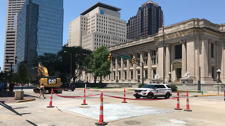 The sinkhole created by a failed sewer line below the intersection of Pennsylvania and Ohio streets has been filled. Citizens Energy Group says the intersection will reopen Friday at 8 p.m. - Doug Jaggers/WFYI