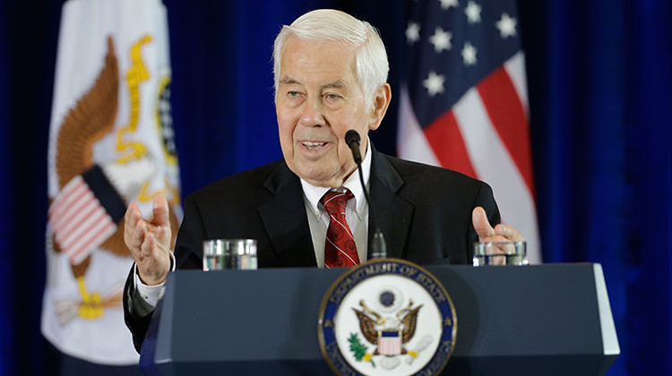 Former Sen. Richard Lugar introduces Secretary of State John Kerry for a speech in support of the Iran nuclear deal at the National Constitution Center, Wednesday, Sept. 2, 2015, in Philadelphia. Lugar will be buried later this month at Arlington National Cemetery, nearly three months after his death. - AP Photo/Matt Slocum