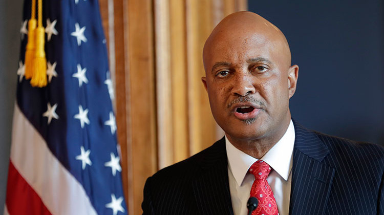 FILE - Indiana Attorney General Curtis Hill speaks during a news conference at the Statehouse in Indianapolis, July 9, 2018. Hill, whose time in office was marred by allegations that he drunkenly groped four women during a party, filed Monday, Aug. 15, 2022, to seek the Republican nomination to replace U.S. Rep. Jackie Walorski following her death in a highway crash. - AP Photo/Michael Conroy, File
