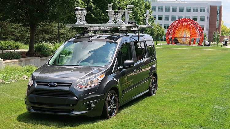 The LiDAR (Light Detection and Ranging) mobile sensing platform on top of this vehicle is one of the projects to be researched through the new Innovation Hub for Connected and Autonomous Vehicles being established at Purdue’s Discovery Park.  - Purdue University/Lyles School of Civil Engineering