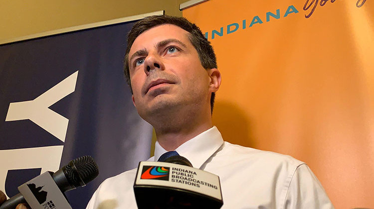 South Bend Mayor Pete Buttigieg speaks to the press at his first campaign stop in Indianapolis since he officially launched his presidential bid. - Brandon Smith/IPB News