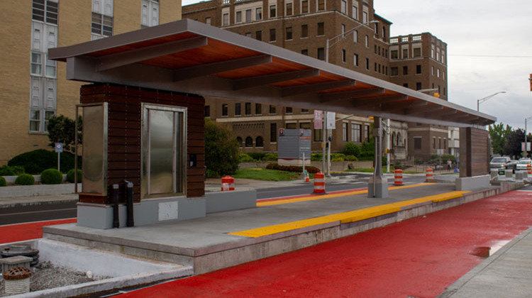 Lanes on east side of Capitol Avenue are painted red to indicate they are to be used by buses only. - Evan Robbins/WFYI