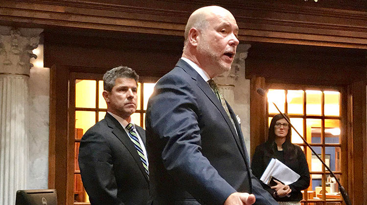 Senate President Pro Tem Rodric Bray (R-Martinsville), left, and Speaker Brian Bosma (R-Indianapolis), center.  - FILE PHOTO: Brandon Smith/IPB News