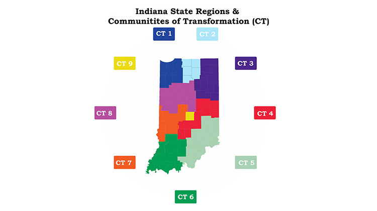 Indiana state regions and communities of transformation are based on the business development regions established by the Indiana Economic Development Corporation.  - Courtesy Indiana University