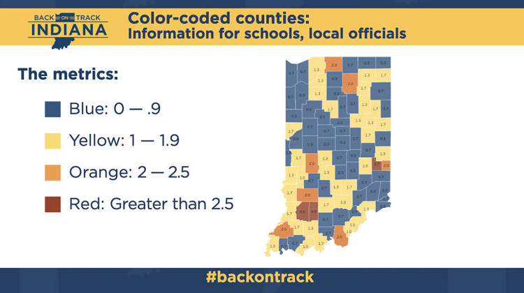 Each county will have a color – blue, yellow, orange or red – that indicates severity of COVID-19’s spread.  - Courtesy of the governor's office