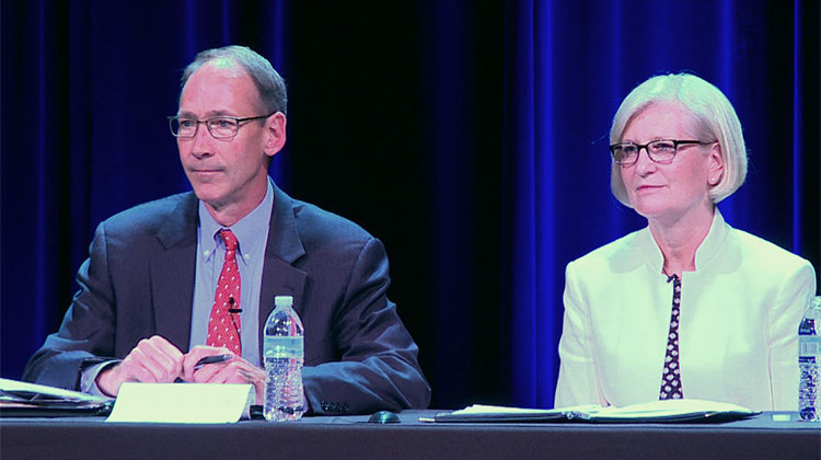 IDEM Commissioner Bruno Pigott and ISDH  Commissioner Dr. Kristina Box sit on a panel to answer resident questions about the contamination. - Rebecca Thiele/IPB News