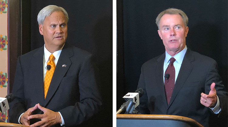 Republican challenger Jim Meritt (left) and incumbent Democrat Joe Hogsett (right) talked to the media seperately following the debate.. - Darian Benson/WFYI