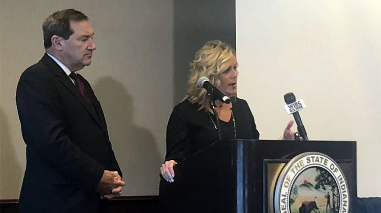 State Superintendent of Public Instruction Jennifer McCormick (R) and U.S. Sen. Joe Donnelly (D-Ind.) talk school safety during a press conference Monday. - Carter Barrett/WFYI