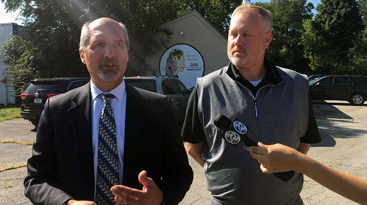 St. Joseph County Prosecutor Ken Cotter (left) speaks outside the former Women's Pavilion clinic in South Bend. - Jennifer Weingart / WVPE Public Radio