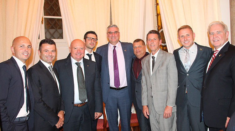 Filtrec announced its plans to establish a North American headquarters in Daleville at a Friends of Indiana reception in Milan, Italy on Wednesday. From left to right: Andrea Pernici, Filtrec; Christian Lochis, Filtrec; Sergio Modina, Filtrec; Giacoma Modina, Filtrec; Gov. Eric Holcomb; James King, Delaware County Commissioner; Bill Walters, East Central Indiana Regional Planning District; Brad Bookout, Delaware County Director of Economic Development and Redevelopment; and Jim Schellinger, Indi - Courtesy Indiana Chamber of Commerce