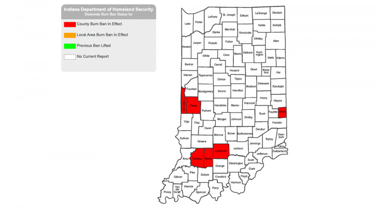 A map on the Indiana Department of Homeland Security website shows counties with burn bans as of Wednesday, Sept. 22. - Indiana Department of Homeland Security
