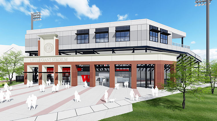 The stadium at Wabash College, seen here in an architectural rendering, will include a new playing surface, relocated scoreboard, an all-weather track, upgraded concession areas and expanded restrooms. - Provided by Wabash College