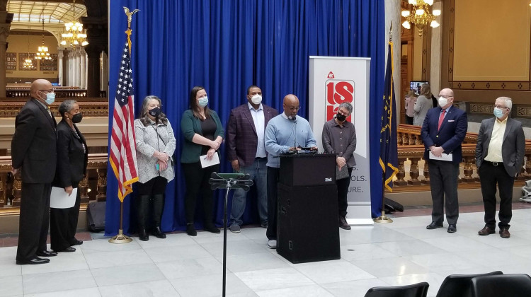 The Indiana State Teachers Association and other advocates gathered at the Statehouse Wednesday, calling for House lawmakers to drop HB 1134 after the Senate decided to kill its version of the legislation. - (Jeanie Lindsay/IPB News)