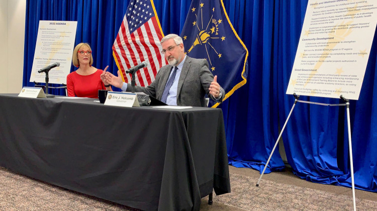 Lt. Gov. Suzanne Crouch, left, and Gov. Eric Holcomb discuss their administration's 2022 agenda. - (Brandon Smith/IPB News)