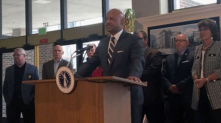 Indiana Attorney General Curtis Hill gives an update on the Ulrich Klopfer investigation at the County-City Building in South Bend on Thursday, October 3, 2019. - Jennifer Weingart/WVPE Public Radio