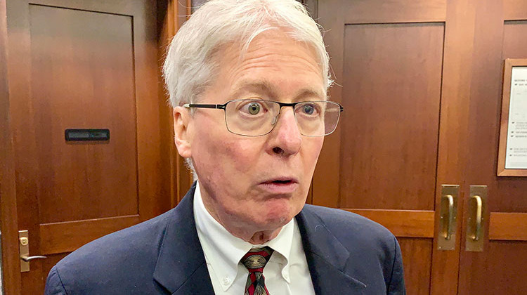 Attorney Jim Bopp, representing religious conservative groups, speaks to the media after an October 2019 court hearing in a lawsuit challenging Indiana's RFRA fix.  - Brandon Smith/IPB News
