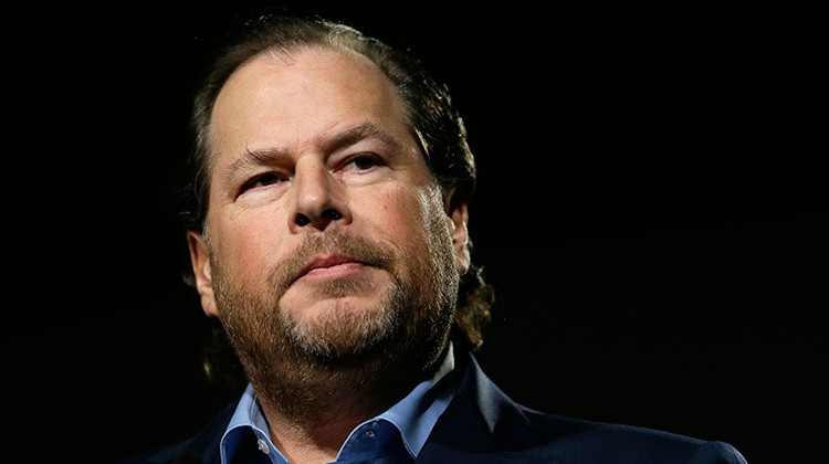 FILE - In this photo taken Tuesday, Oct. 30, 2018, Salesforce CEO Marc Benioff speaks at a luncheon in San Francisco. In a forthcoming book, “Trailblazer,” due out Oct. 15, 2019, Benioff calls on activist CEOs to lead a revolution that puts the welfare of people and the planet ahead of profits.  - AP Photo/Eric Risberg, File