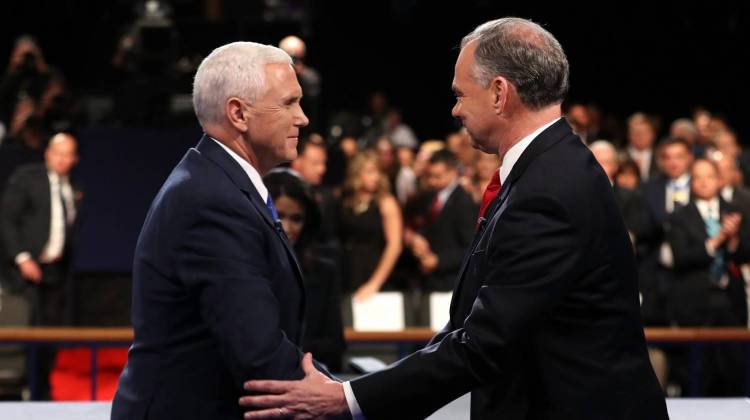 Republican vice-presidential nominee Mike Pence (left) and Democratic vice-presidential nominee Tim Kaine shake hands on stage following the Vice-Presidential Debate at Longwood University on Oct. 4, 2016 in Farmville, Va. (Joe Raedle/Getty Images)