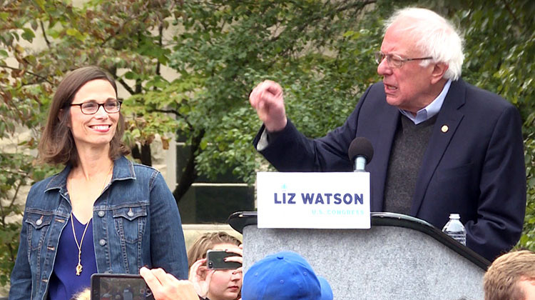 Democratic candidate for the 9th Congressional District Liz Watson and Sen. Bernie Sanders held a rally in Bloomington Friday. - Alex Eady/WFIU-WTIU News