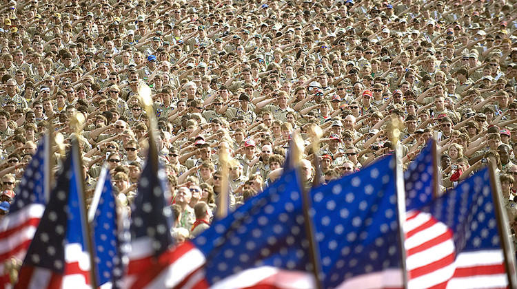 More than 45,000 Boy Scouts salute during the singing of the national anthem as part of the Boy Scouts of America 2010 National Scout Jamboree on Fort AP Hill, Va., July 28, 2010. - Cherie Cullen/U.S. Department of Defense