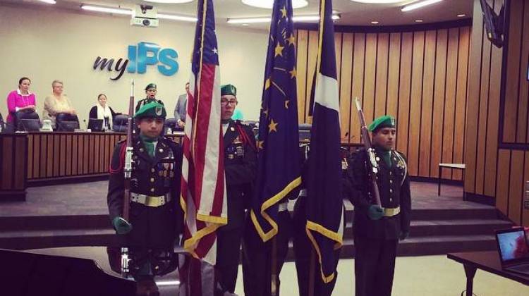 U.S. Army JROTC cadets present the colors during an Indianapolis Public Schools Board meeting. - IPS