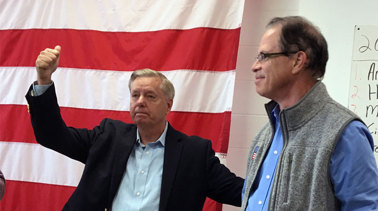 Senator Lindsey Graham (R, South Carolina) with Indiana Senate candidate Republican Mike Braun at St. Joseph County Republican headquarters on Thursday November 1, 2018. - Jennifer Weingart/WVPE