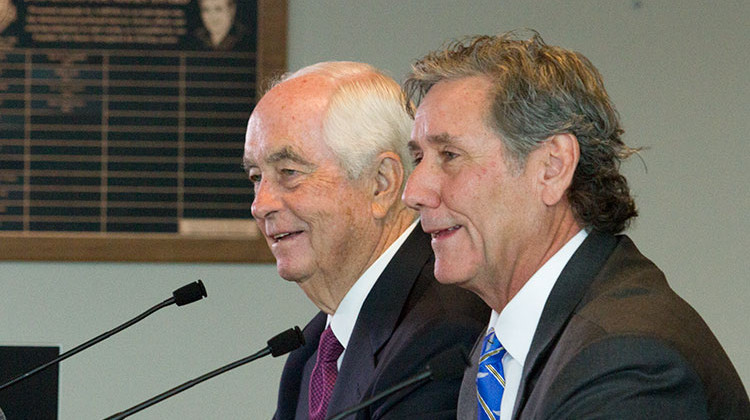 Roger Penske (left) and Tony George (right) talk to the media Monday, Nov. 4 at the Indianapolis Motor Speedway.  - Doug Jaggers/WFYI