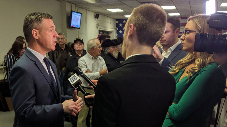 Rep. Jim Banks talks with the media on election night. - Zach Bernard/WBOI News