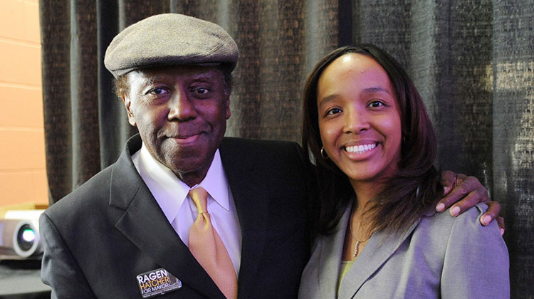 FILE - In this April 17, 2011 file photo, Gary, Ind., mayoral candidate Ragen Hatcher poses for a photo with her father, former Gary Mayor Richard Hatcher, prior to a election forum held in downtown Gary. The city of Gary replaced Columbus Day with a holiday honoring its late Mayor Richard Hatcher, on Feb. 2, 2021. Hatcher became one of the first Black mayors of a big U.S. city when he was elected in 1967. - AP Photo/Joe Raymond File