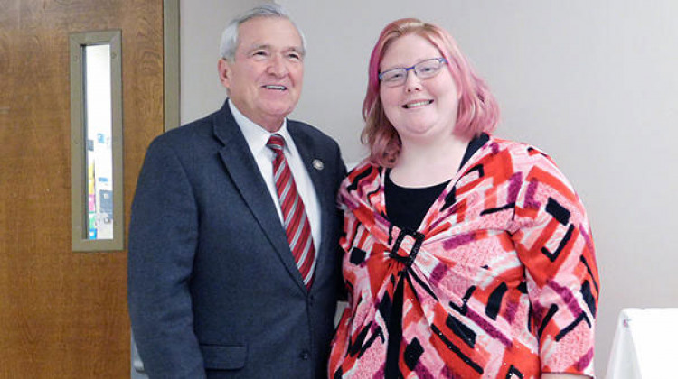 Fort Wayne Mayor Tom Henry and Easterseals Arc participant Shelby pose for a photo together after the news conference announcing new workforce development initiatives. - Courtesy Easterseals Arc