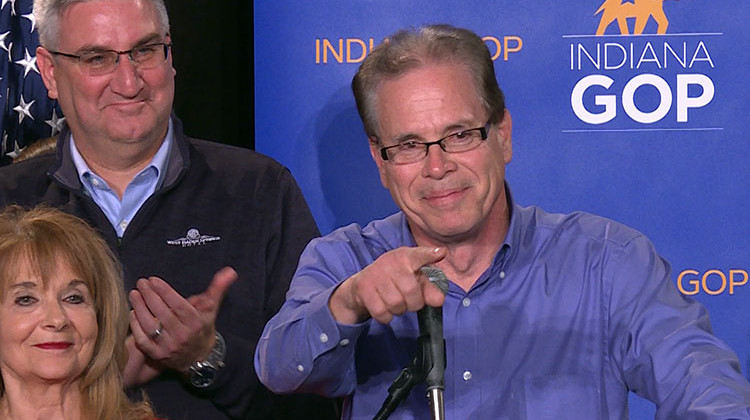 Mike Braun mentioned President Donald Trump during his election night victory speech . - WFIU/WTIU News