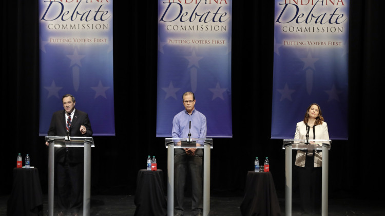 Sen. Joe Donnelly (D-Ind.), left, Republican Mike Braun, center, and Libertarian Lucy Brenton, right, debate for the second and final time in Indiana's 2018 U.S. Senate race. - Photo courtesy of Indiana Debate Commission, Darron Cummings/AP