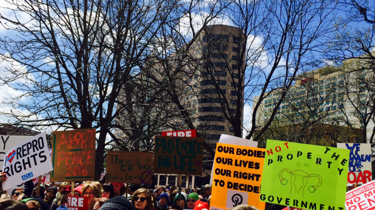 Protesters gather at the Indiana Statehouse in 2016 to denounce an anti-abortion measure signed into law by then-Gov. Mike Pence.  - FILE PHOTO: Brandon Smith/IPB News