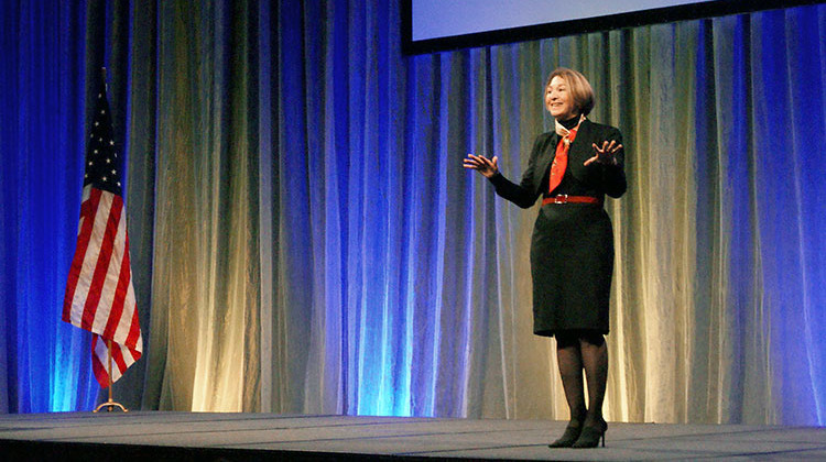 New America President and CEO Anne-Marie Slaughter speaks at the 2019 IEDC annual conference in Indianapolis. - Samantha Horton/IPB News