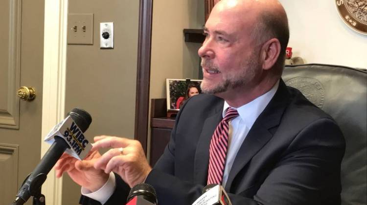 House Speaker Rep. Brian Bosma (R-Indianapolis) speaks with reporters in his office. - Brandon Smith/IPB