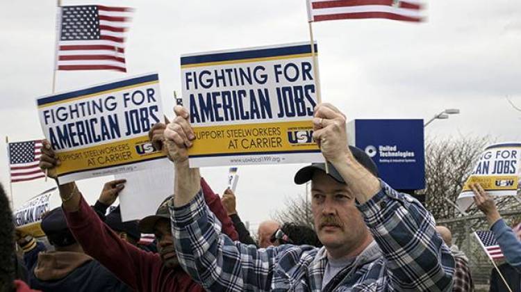 Union workers rally outside the Indianapolis Carrier plant. - Ryan Delaney
