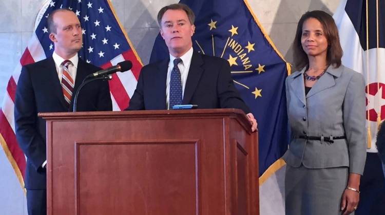 From left: Christian Theological Seminary President Matthew Myer Boulton, Indianapolis Mayor Joe Hogsett and CTS Vice President of Academic Affairs Leah Gunning Francis at a  news conference announcing that the City of Indianapolis would be a community partner in the Faith & Action Project. - Contributed photo