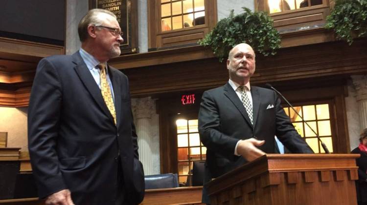 Senate President Pro Tem David Long (R-Fort Wayne), left, and House Speaker Brian Bosma (R-Indianapolis) will take the details of a road funding plan to their caucuses for approval. - Brandon Smith/IPB