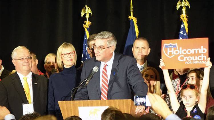 Lt. Gov. Eric Holcomb talks at the Indiana GOP election watch party at the JW Marriot in Downtown Indianapolis, Tuesday, Nov. 8, 2016. - Eric Weddle/WFYI