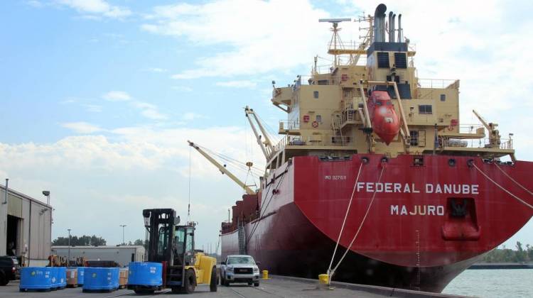 A cargo ship offloads at Burns Harbor in August. - Annie Ropeik/IPB News