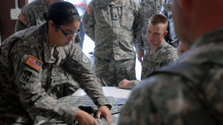 Indiana National Guard soldiers are issued equipment at Camp Atterbury. (Indiana National Guard)