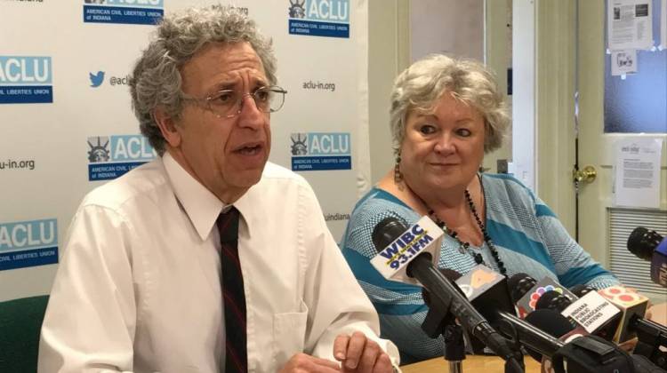 ACLU of Indiana Legal Director Ken Falk (left) and Planned Parenthood of Indiana and Kentucky CEO Betty Cockrum (right) discuss a judge's decision to halt parts of Indiana's new anti-abortion law. - Brandon Smith/IPB