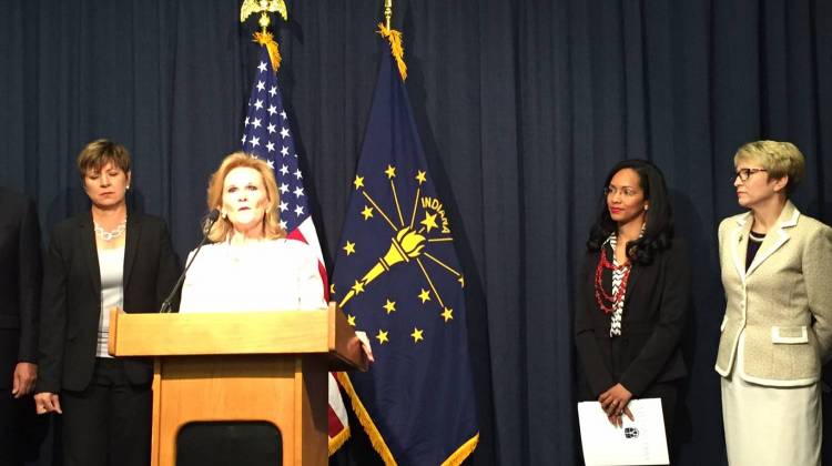 Teresa Lubbers, Commissioner Indiana Commissioner for Higher Education, talks about the closure of ITT Tech at a Statehouse press conference Tuesday Sept. 13, 2016. - Eric Weddle / WFYI Public Media