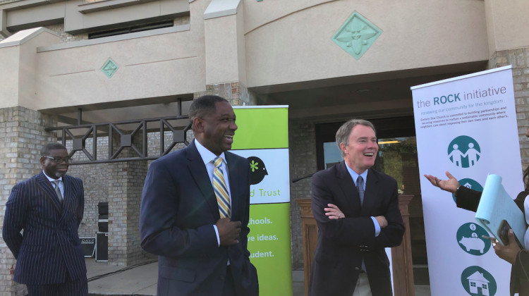 Eastern Star Church Senior Pastor Jeffrey Johnson and Indianapolis Mayor Joe Hogsett stand outside the church on Thursday, Sept. 26, 2019. - By Eric Weddle/WFYI News