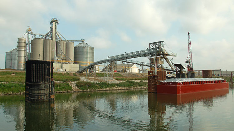 A grain barge is loaded at the Ohio River port in Jeffersonville. - Courtesy Ports of Indiana