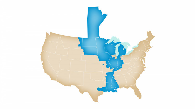 A map of the grid served by the Midcontinent Independent System Operator (MISO). States and a Canadian province in this grid could be at risk for an energy emergency this summer. - Kaceyageorge/Wikimedia Commons