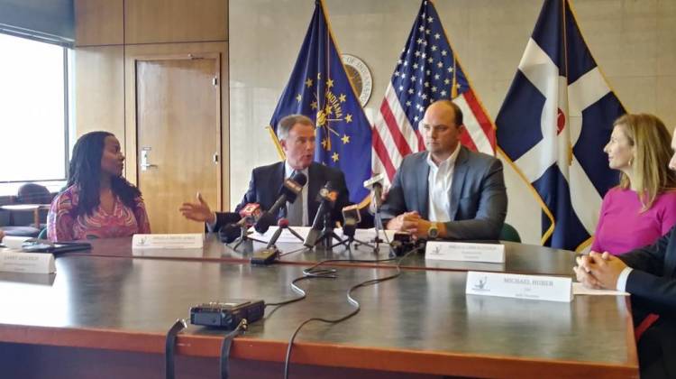 Indianapolis Mayor Joe Hogsett (second from left) discusses the region's proposal to Amazon. (Lauren Chapman/IPB News) - IPBS-RJC