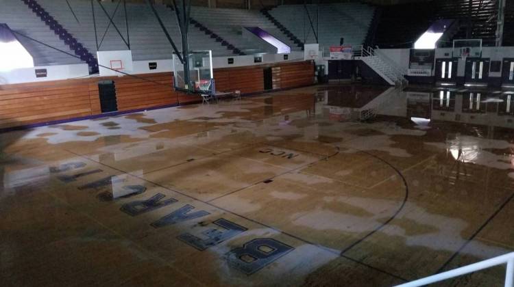 The Muncie Fieldhouse as it appeared in November 2017 shortly after a severe storm damaged the roof and flooded the floor. - Provided by Muncie Community Schools